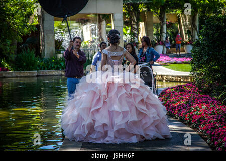 Giovane ragazza vestita per l'Quinceanera o mela cotogna, la celebrazione di una ragazza quindicesimo compleanno in Arboretum a Dallas, Texas Foto Stock