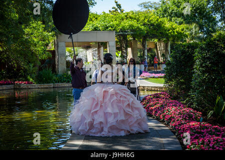 Giovane ragazza vestita per l'Quinceanera o mela cotogna, la celebrazione di una ragazza quindicesimo compleanno in Arboretum a Dallas, Texas Foto Stock