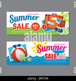 Estate vendita voucher modello di sfondo. Coupon di sconto. Banner elementi stagione design piatto. Illustrazione Vettoriale
