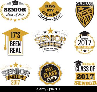 Il set di nero e colore oro senior segni di testo con la graduazione Cap, nastro illustrazione vettoriale. Classe di 2017 badge grunge su sfondo bianco. Illustrazione Vettoriale