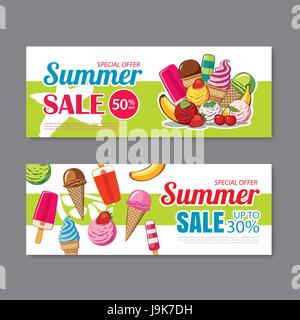 Estate vendita voucher modello di sfondo. Coupon di sconto. Banner elementi stagione design piatto. Illustrazione Vettoriale