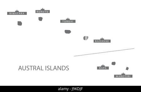 Isole Australi mappa illustrazione grigio silhouette Illustrazione Vettoriale