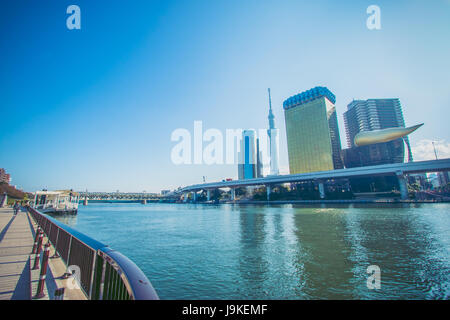 Vista di Azumabashi Riverside, Rosso Ponte sul Fiume Sumida,sito opposta può vedere Tokyo sky tree presso il quartiere di Asakusa Tokyo, Giappone. Foto Stock