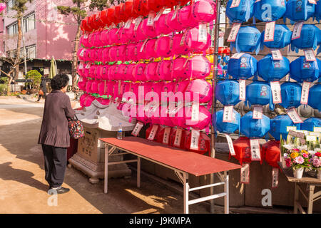 Una femmina di preghiera buddista a Jogyesa tempio buddista per celebrare il Buddha il compleanno, Seoul, Corea del Sud Foto Stock