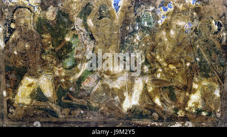 Dipinto sul soffitto, Grotte di Ellora, Aurangabad, Maharashtra, India, Asia Foto Stock