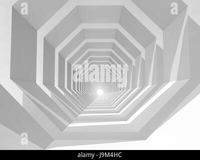 Abstract ipnotico cg con sfondo bianco vuoto prospettiva di tunnel, 3d illustrazione Foto Stock