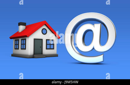 Piccola casa modello icona e simbolo della proprietà online e agenzia immobiliare concetto 3D immagine su sfondo blu. Foto Stock