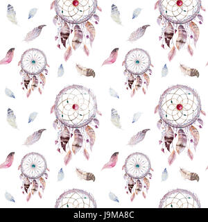 Dreamcatcher e piuma pattern. Acquerello decorazione di Boemia. Colore ad acquerello dream catcher design. Senza cuciture colore ripetizione boho stampa. Il tribale Foto Stock