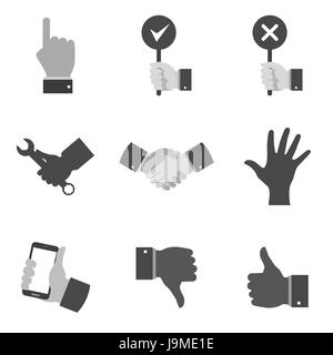 Set di mano grigia icone e simboli in elegante stile piatto isolato su sfondo bianco. Illustrazione Vettoriale di elementi per il vostro web site design, logo, app Illustrazione Vettoriale