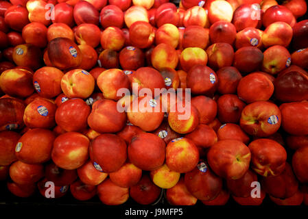 Nettarine fresche in un raggruppamento di grandi dimensioni per la vendita in un mercato della frutta. Foto Stock