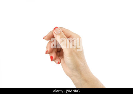 Mano femmina mezza compressa closeup isolati su sfondo bianco Foto Stock