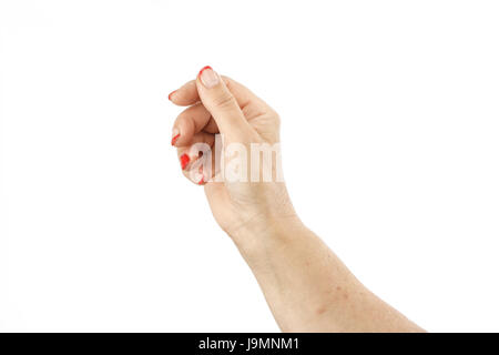 Femmina lato compresso a metà isolato su sfondo bianco Foto Stock