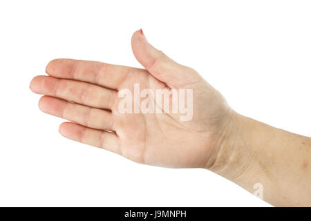 Il gesto di benvenuto, pronto per mano di Handshaking isolato su uno sfondo bianco. Femmina lato messa a segno. Il gesto di benvenuto, pronto per mano di handshake. Woma Foto Stock