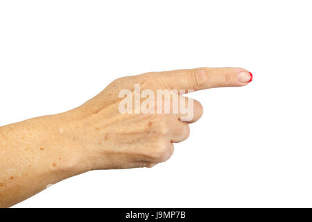 Dito indice mano isolato di puntamento su sfondo bianco. La donna che mostra un dito segni di conteggio. Le mani della vecchia senior. Foto Stock