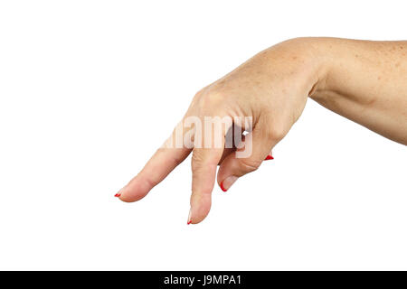 Donna mano che mostra le dita a piedi isolato su sfondo bianco. Mano femminile che mostra gesto con due dita verso il basso. Include il percorso di clipping. Foto Stock
