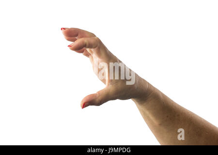 Mano che regge qualcosa di invisibile isolati su sfondo bianco. Femmina gesto a mano. Percorso di clipping. Foto Stock