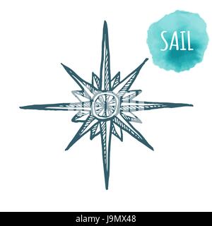 Marina nautico rosa dei venti, icona della bussola per viaggiare, navigazione design. Disegnata a mano illustrazione per tattoo, stampa. Schizzo del vettore in linea stile arte con incisi gli elementi isolati su sfondo vintage. Illustrazione Vettoriale
