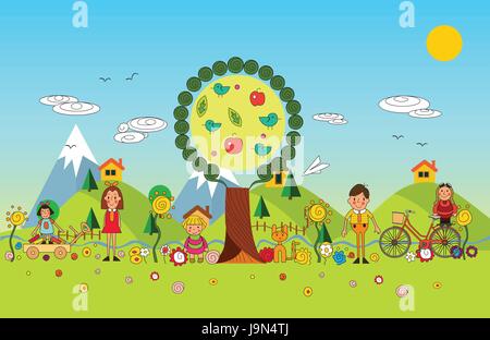 I bambini la vacanza estiva nel parco. Set di vettore di estate bambino sulle attività all'aperto. Estate bambini. Bambini che giocano al di fuori. Illustrazione Vettoriale