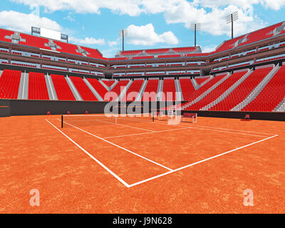 3D render di bellissimi e moderni campo da tennis in terra battuta lo stadio con sedie rosse Foto Stock