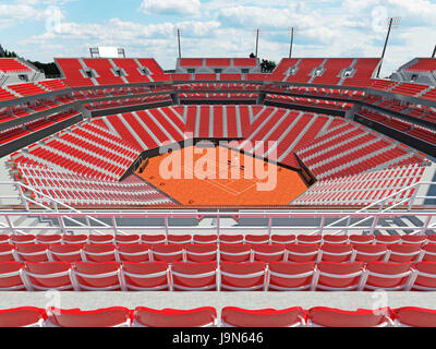 3D render di bellissimi e moderni campo da tennis in terra battuta lo stadio con sedie rosse Foto Stock