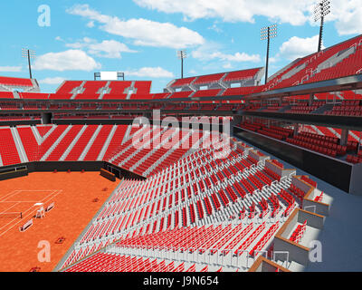 3D render di bellissimi e moderni campo da tennis in terra battuta lo stadio con sedie rosse Foto Stock