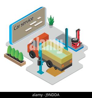 Isometrica servizio auto Composizione meccanica con il cambio gomme, illustrazione vettoriale. Illustrazione Vettoriale