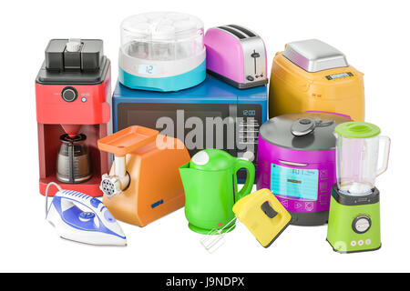 Set di cucina colorata degli elettrodomestici. Tostapane, Bollitore, mixer, blender, 'yogurtiera', multicooker, una smerigliatrice per la macchina del pane, rendering 3D isolati su Foto Stock