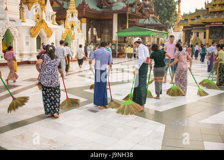La pulizia del pavimento con la morbidissima scope mai. Shwedagon pagoda Yangon, Myanmar. Foto Stock