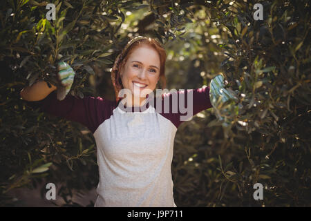 Ritratto di sorridente giovane donna in piedi in mezzo a ulivi presso l'azienda Foto Stock