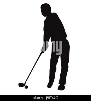 Silhouette di golf swing vista frontale sul campo verde, il golfer in maglietta rossa e pantaloni scuri. vettore design piatto stile. Illustrazione Vettoriale