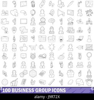 100 business group set di icone di stile di contorno Illustrazione Vettoriale