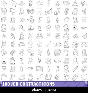 100 contratto di lavoro set di icone di stile di contorno Illustrazione Vettoriale