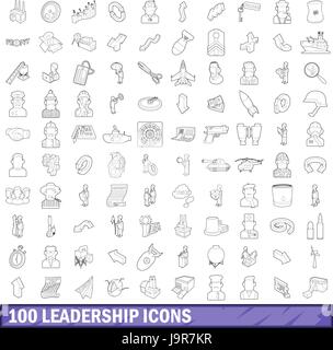 100 leadership set di icone di stile di contorno Illustrazione Vettoriale