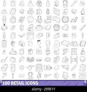 100 retail set di icone di stile di contorno Illustrazione Vettoriale