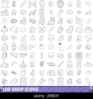 100 shop set di icone di stile di contorno Illustrazione Vettoriale