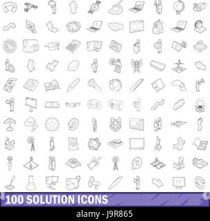 Soluzione 100 set di icone di stile di contorno Illustrazione Vettoriale