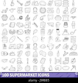 100 supermercato set di icone di stile di contorno Illustrazione Vettoriale