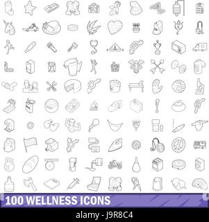 100 wellness set di icone di stile di contorno Illustrazione Vettoriale