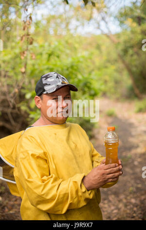 Un miele agricoltore detiene una bottiglia di raccolti di fresco miele nel dipartimento di Léon, Nicaragua. Foto Stock