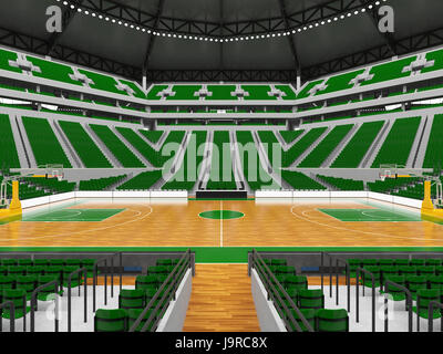 3D render di splendida arena sportiva per la pallacanestro con faretti , scatole VIP e sedi di verde per venti mila tifosi Foto Stock