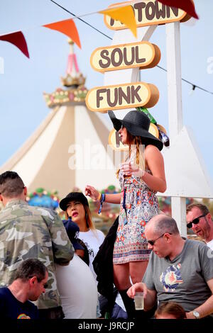 Isle of Wight Festival - 11 giugno 2016 Donna in una folla di frequentatori del festival, indossando un floppy black hat dancing e godendo il festival, Newport IOW Foto Stock