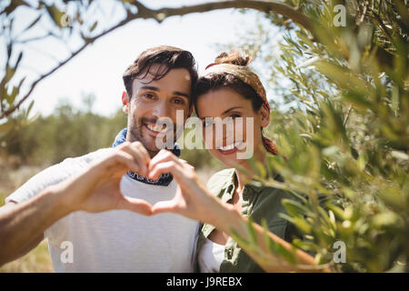 Ritratto di Coppia sorridente messa a forma di cuore da alberi di olivo agriturismo Foto Stock