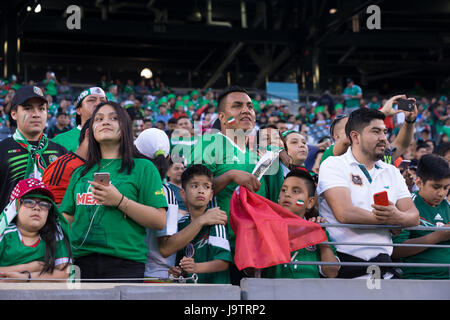 La Meadowlands, NJ, Stati Uniti d'America - 1 Giugno 2017: squadra messicano ventole celebrare durante la partita amichevole tra Repubblica di Irlanda e Messico a MetLife arena di Meadowlands, Il Messico ha vinto 3 - 1 Foto Stock