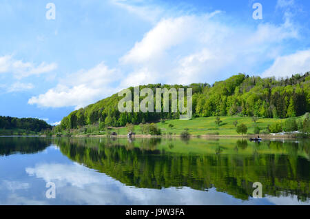 Romantico, Svizzera, tranquilla, riflessioni, acqua, natura, blu, albero, verde Foto Stock