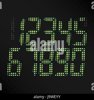 Digital incandescente vettore di numeri. Set di Digital numeri verdi su sfondo nero. Classic simbolo del tempo. Orologio retrò, Conteggio, Display Illustrazione Vettoriale