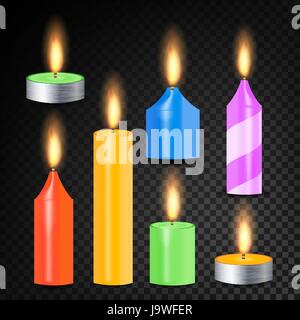 La masterizzazione 3D realistiche le candele per la cena il vettore. Decorative Tealight aromatico Set candele. Tè isolato Candelieri con fiamme trasparente su BA Illustrazione Vettoriale