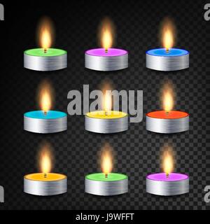 La masterizzazione 3D realistiche le candele per la cena il vettore. Decorative Tealight aromatico Set candele. Tè isolato Candelieri con fiamme trasparente su BA Illustrazione Vettoriale