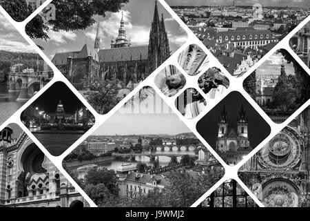 Collage di simboli di Praga nella Repubblica Ceca. Sfondo di viaggio. Vintage in bianco e nero Foto Stock