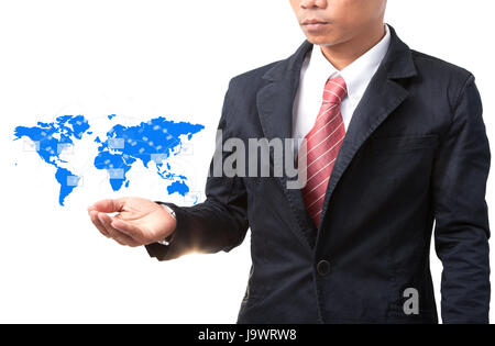 Uomo d'affari e la mano che regge il mondo mappa di dati e la rete di informazione Foto Stock