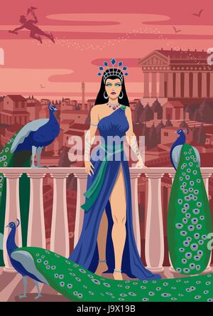 Hera, Regina della divinità greche, fra i suoi uccelli preferiti. Illustrazione Vettoriale